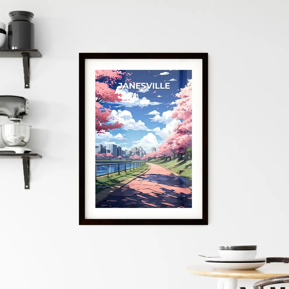 Janesville, Wisconsin, A Poster of a path with pink trees and a city in the background Default Title