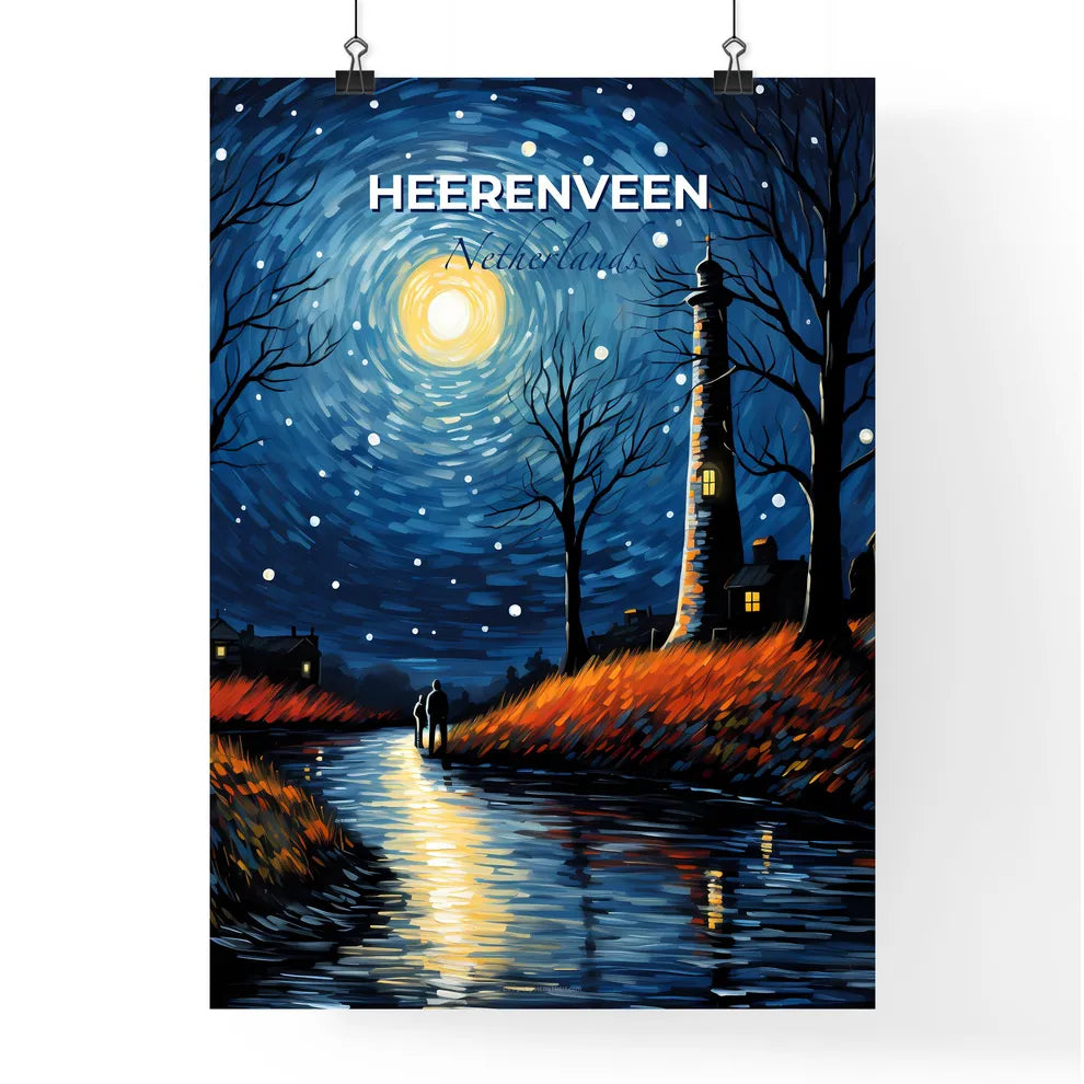 Heerenveen, Netherlands, A Poster of a painting of a couple walking on a river with a lighthouse in the background Default Title