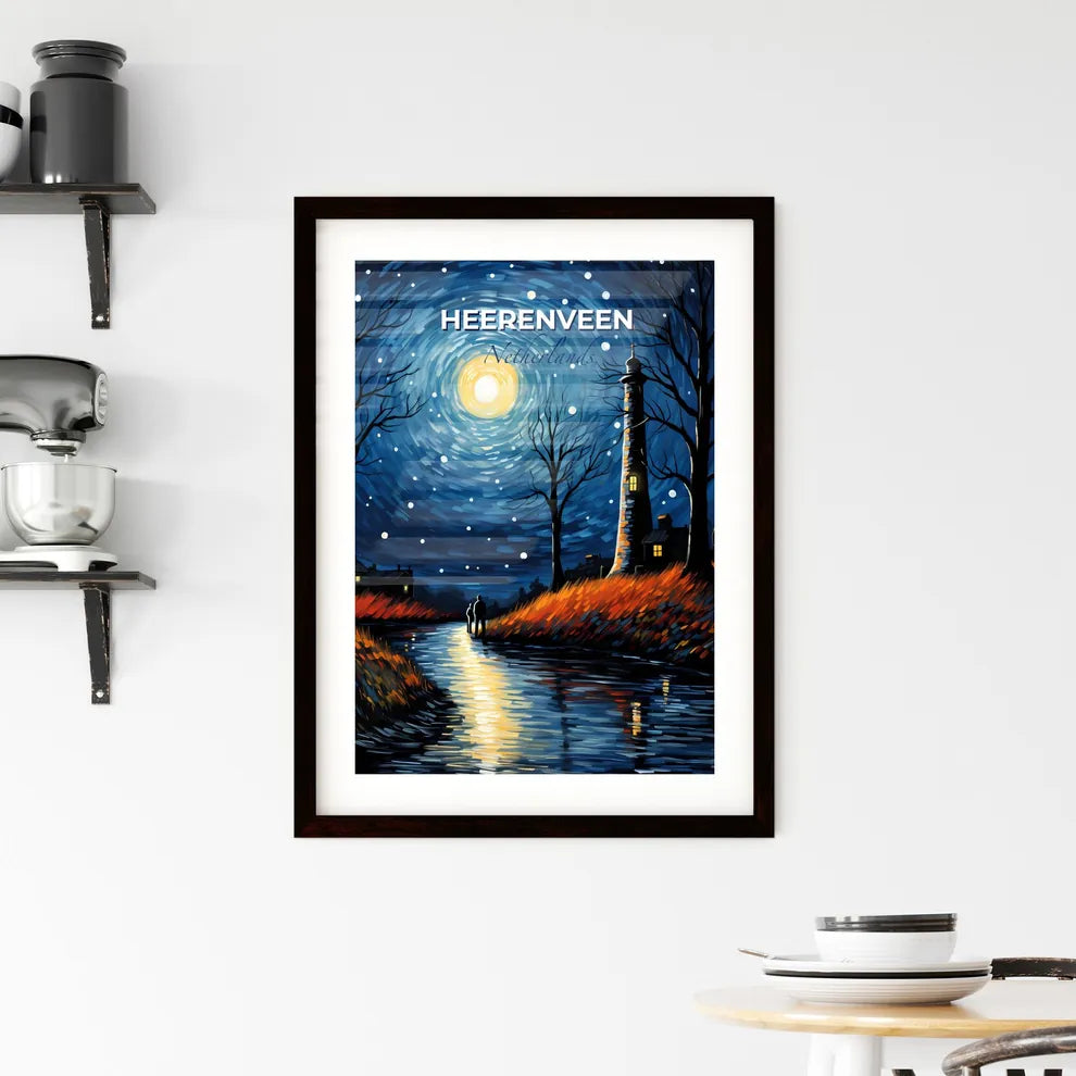 Heerenveen, Netherlands, A Poster of a painting of a couple walking on a river with a lighthouse in the background Default Title