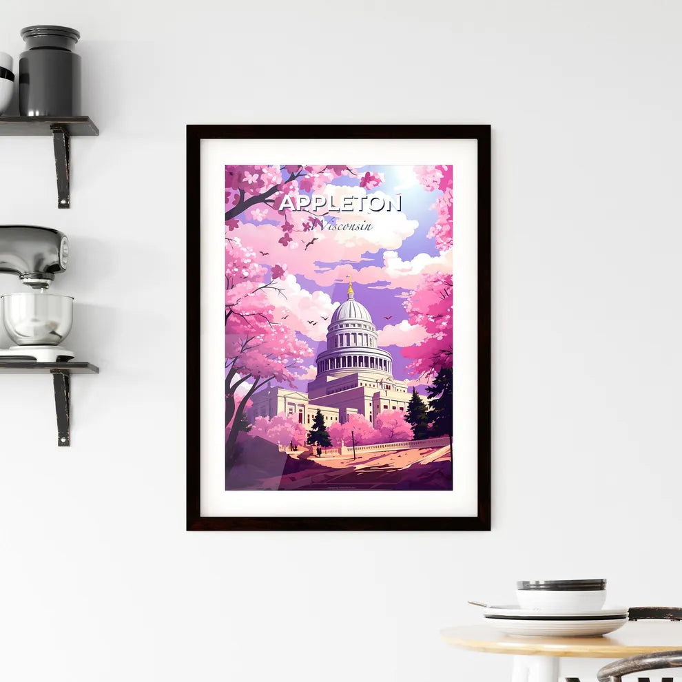 Appleton, Wisconsin, A Poster of a building with a dome and trees with pink blossoms Default Title