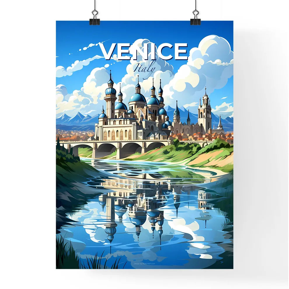 Venice, Italy, A Poster of a castle with blue domes and a bridge over a river Default Title