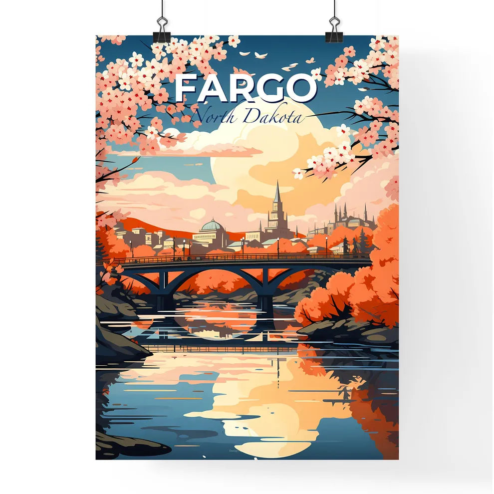 Fargo, North Dakota, A Poster of a bridge over a river with pink flowers Default Title