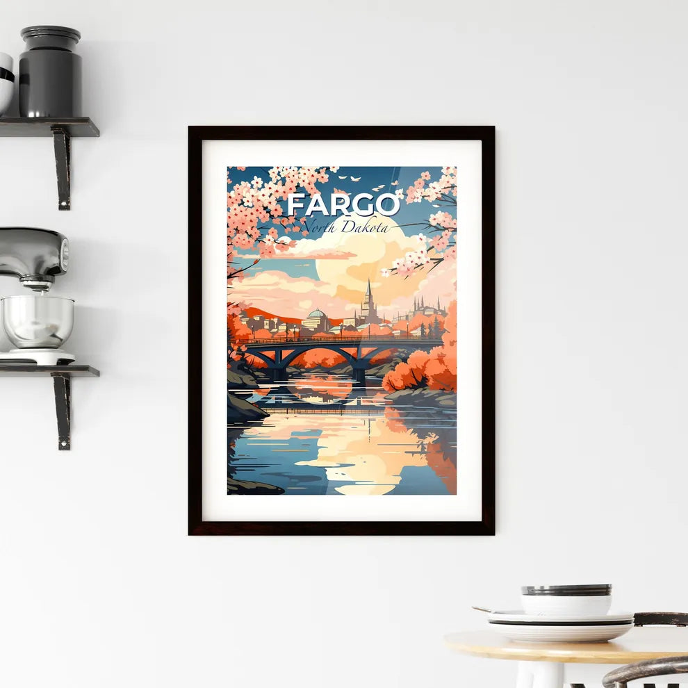 Fargo, North Dakota, A Poster of a bridge over a river with pink flowers Default Title