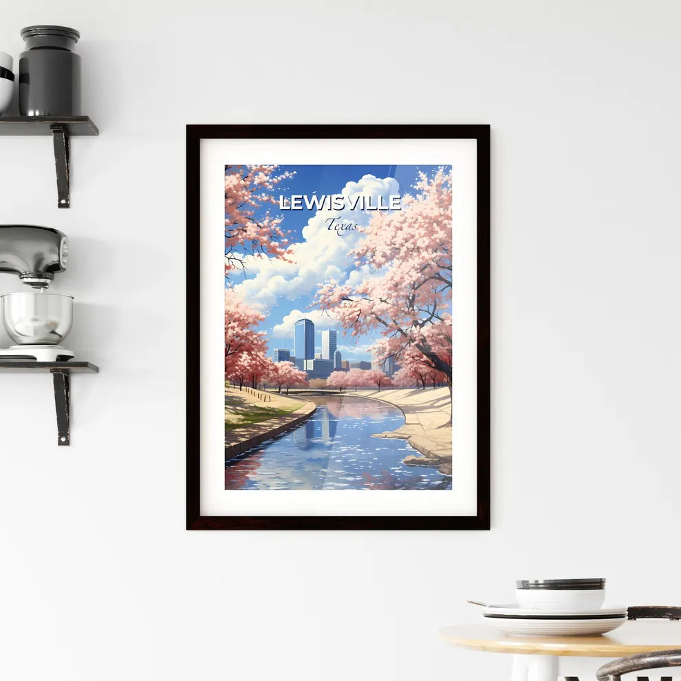 Lewisville, Texas, A Poster of a river running through a park with pink trees and buildings in the background Default Title