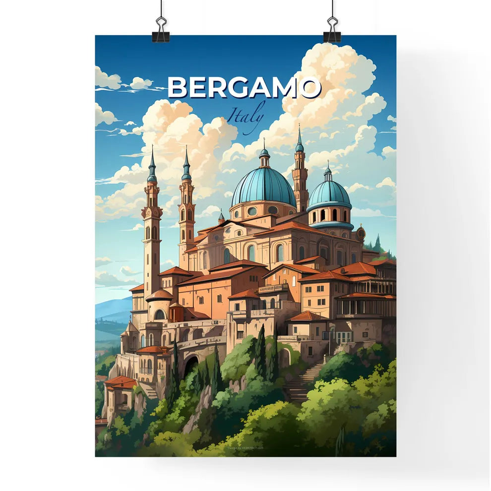 Bergamo, Italy, A Poster of a building with towers and a blue dome on top of it Default Title