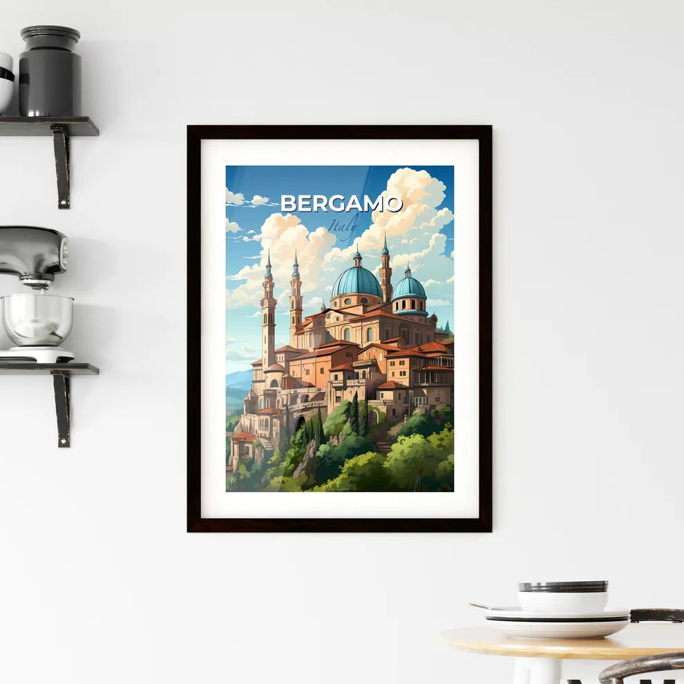 Bergamo, Italy, A Poster of a building with towers and a blue dome on top of it Default Title