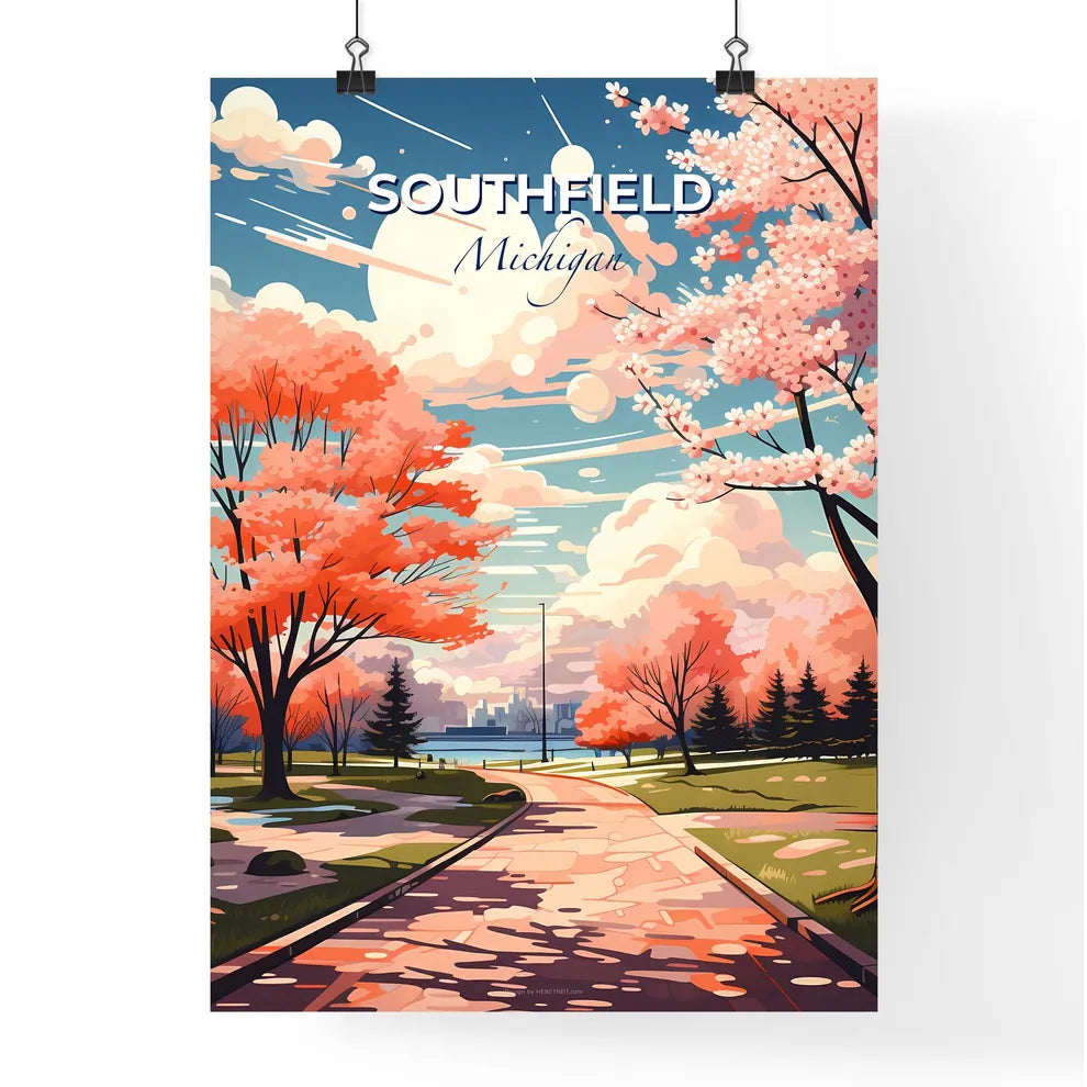 Southfield, Michigan, A Poster of a path with pink trees and a city in the background Default Title