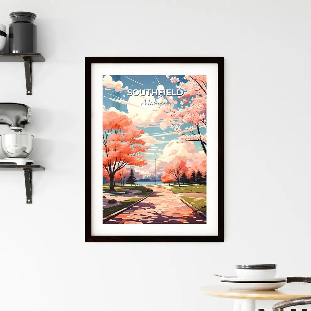 Southfield, Michigan, A Poster of a path with pink trees and a city in the background Default Title