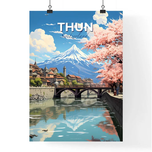 Thun, Switzerland, A Poster of a river with a bridge and a mountain in the background Default Title