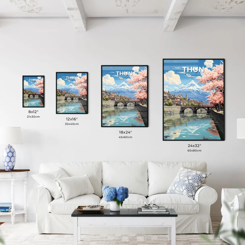 Thun, Switzerland, A Poster of a river with a bridge and a mountain in the background Default Title