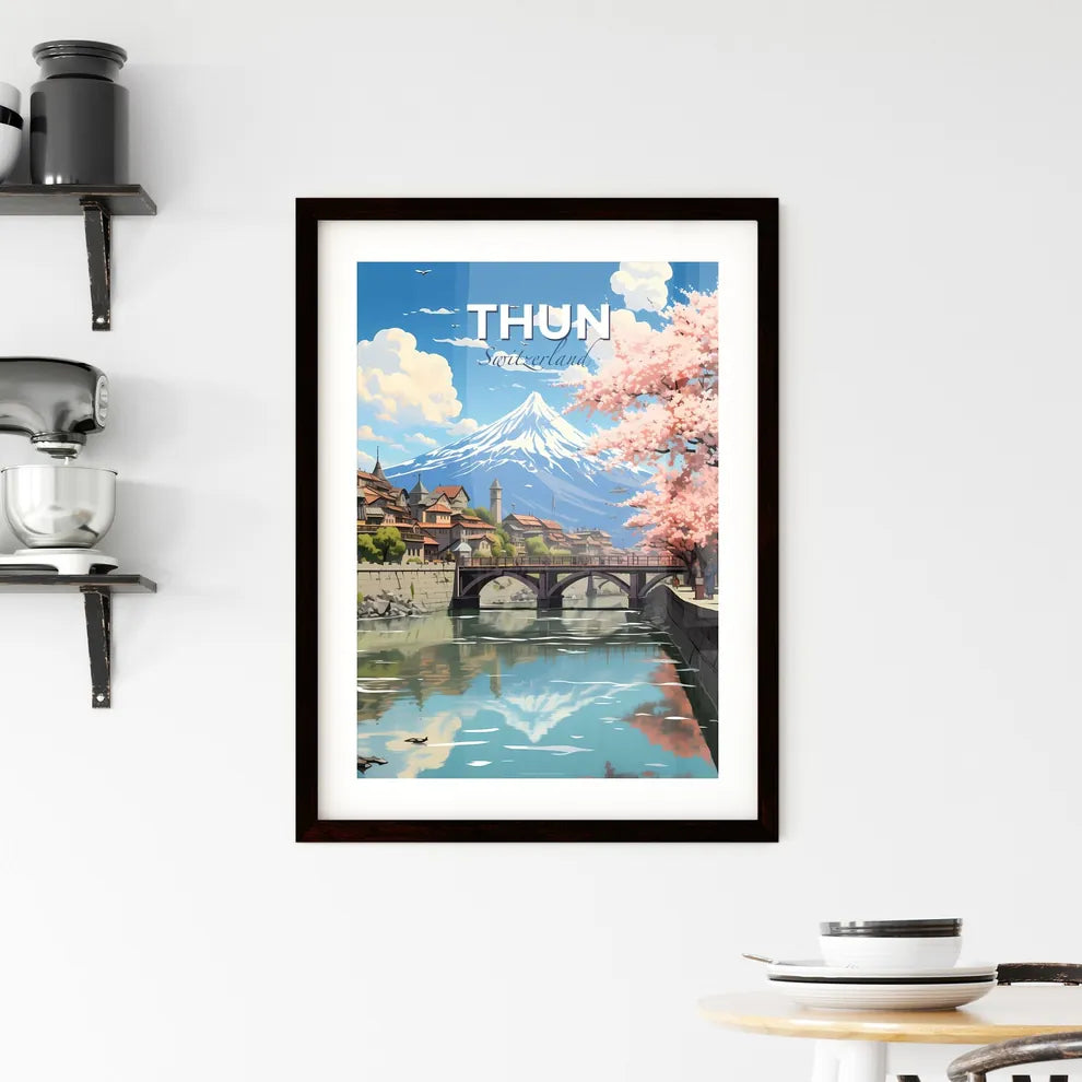 Thun, Switzerland, A Poster of a river with a bridge and a mountain in the background Default Title