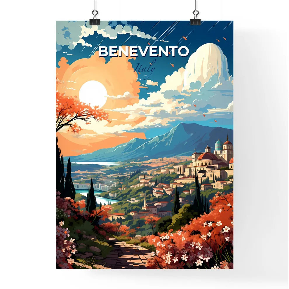 Benevento, Italy, A Poster of a landscape with a city and mountains and trees Default Title