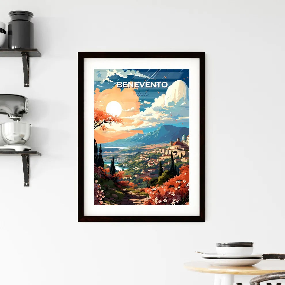 Benevento, Italy, A Poster of a landscape with a city and mountains and trees Default Title