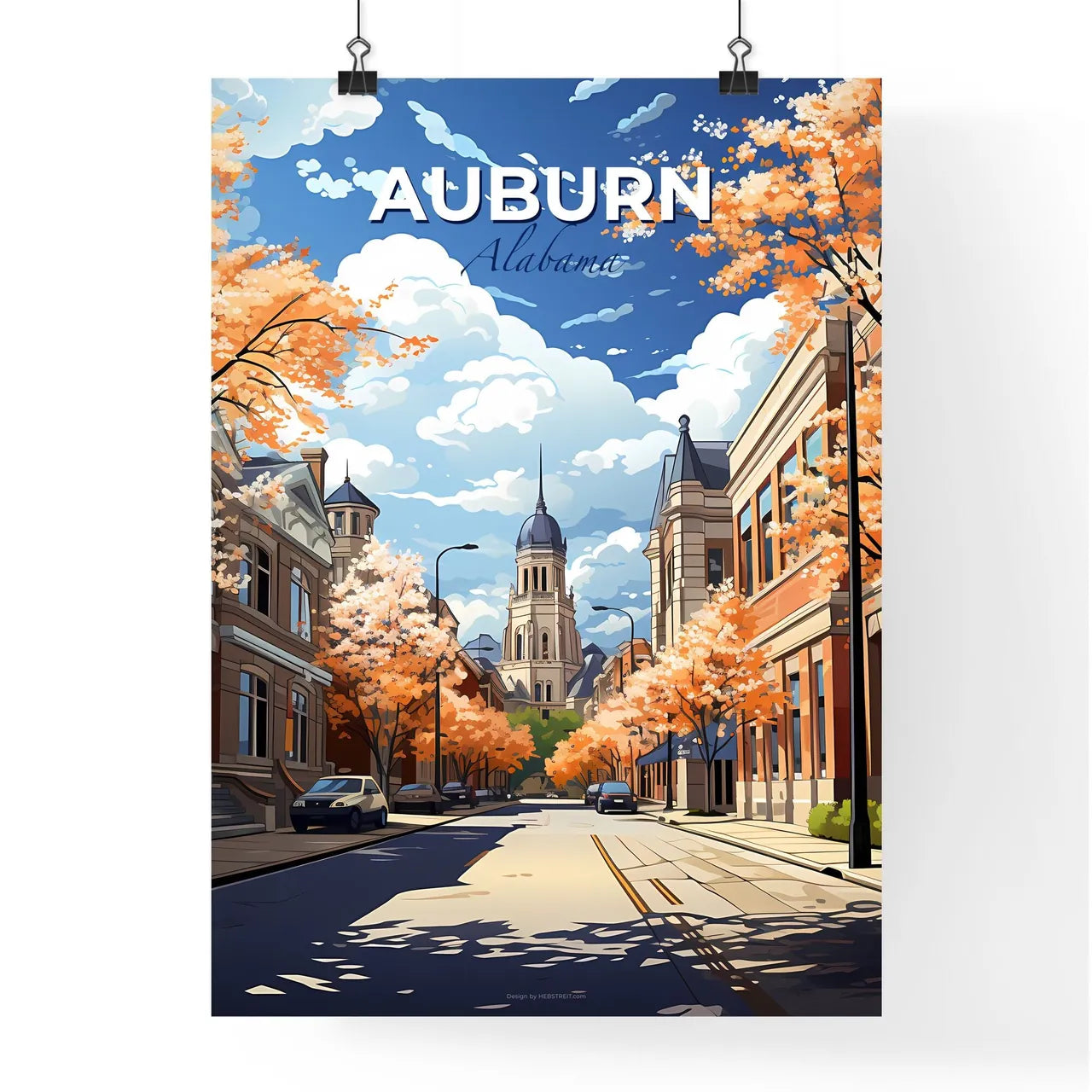 Auburn, Alabama, A Poster of a street with cars and trees in front of a church Default Title