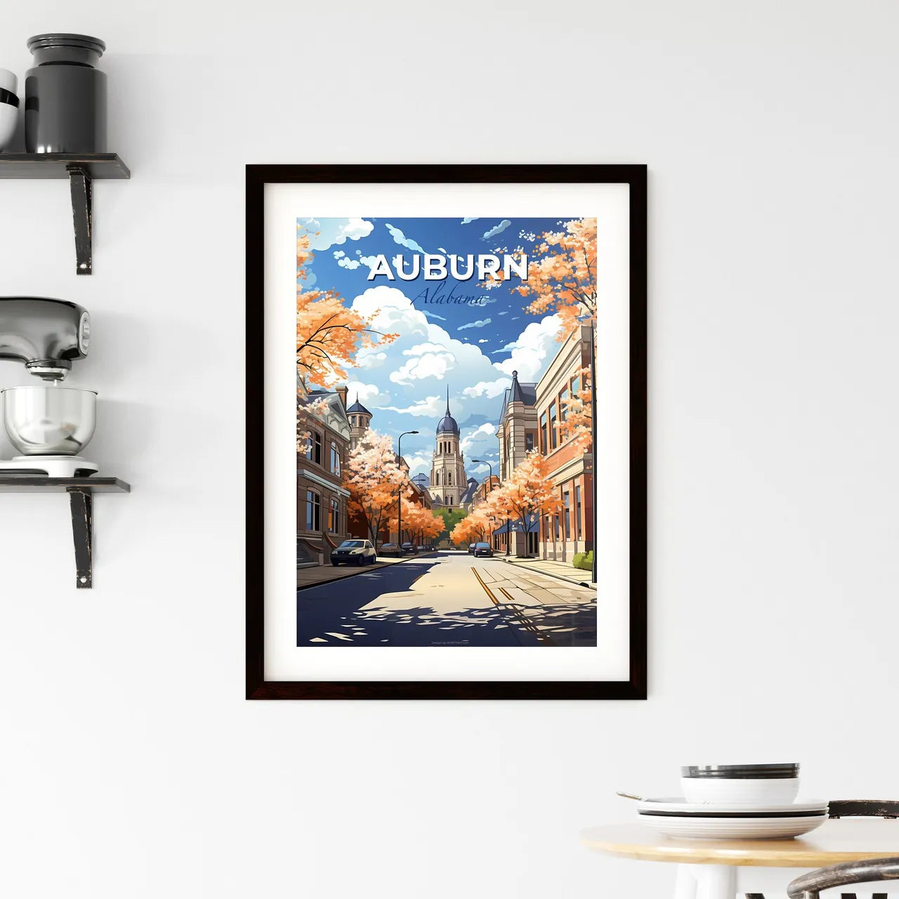 Auburn, Alabama, A Poster of a street with cars and trees in front of a church Default Title