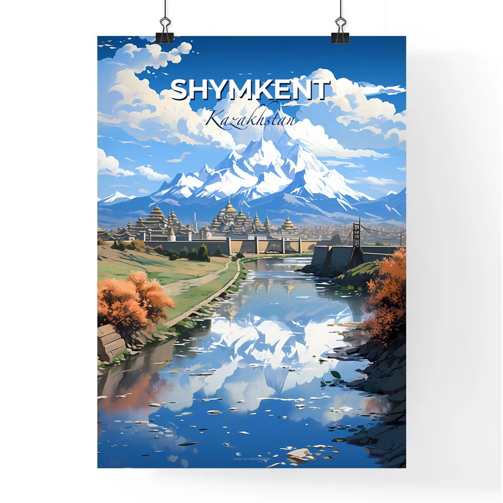 Shymkent, Kazakhstan, A Poster of a river with a bridge and a mountain in the background Default Title