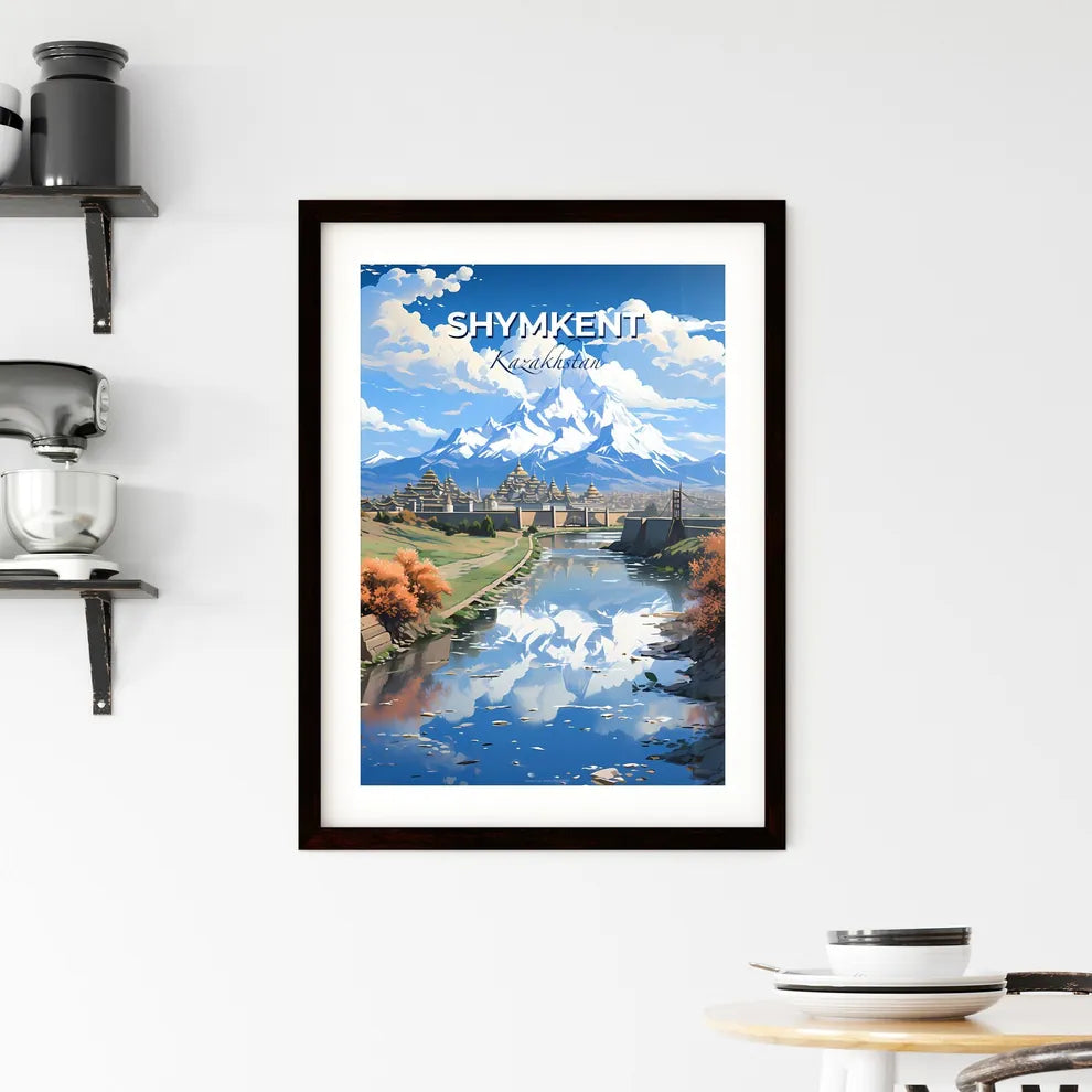 Shymkent, Kazakhstan, A Poster of a river with a bridge and a mountain in the background Default Title