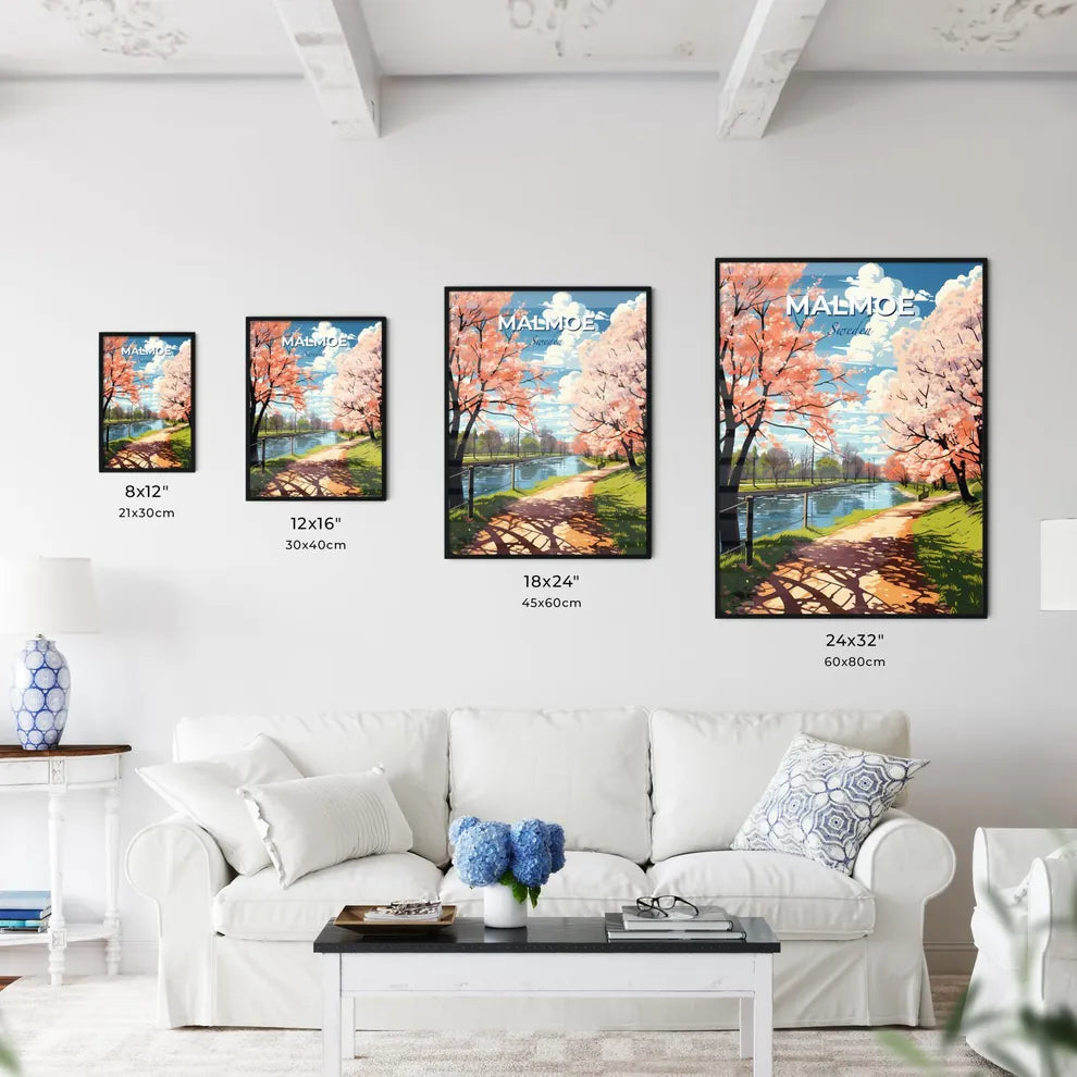 Malmoe, Sweden, A Poster of a path with pink trees and a river Default Title