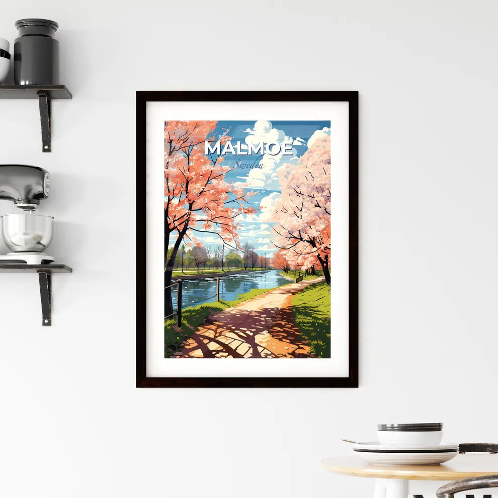 Malmoe, Sweden, A Poster of a path with pink trees and a river Default Title