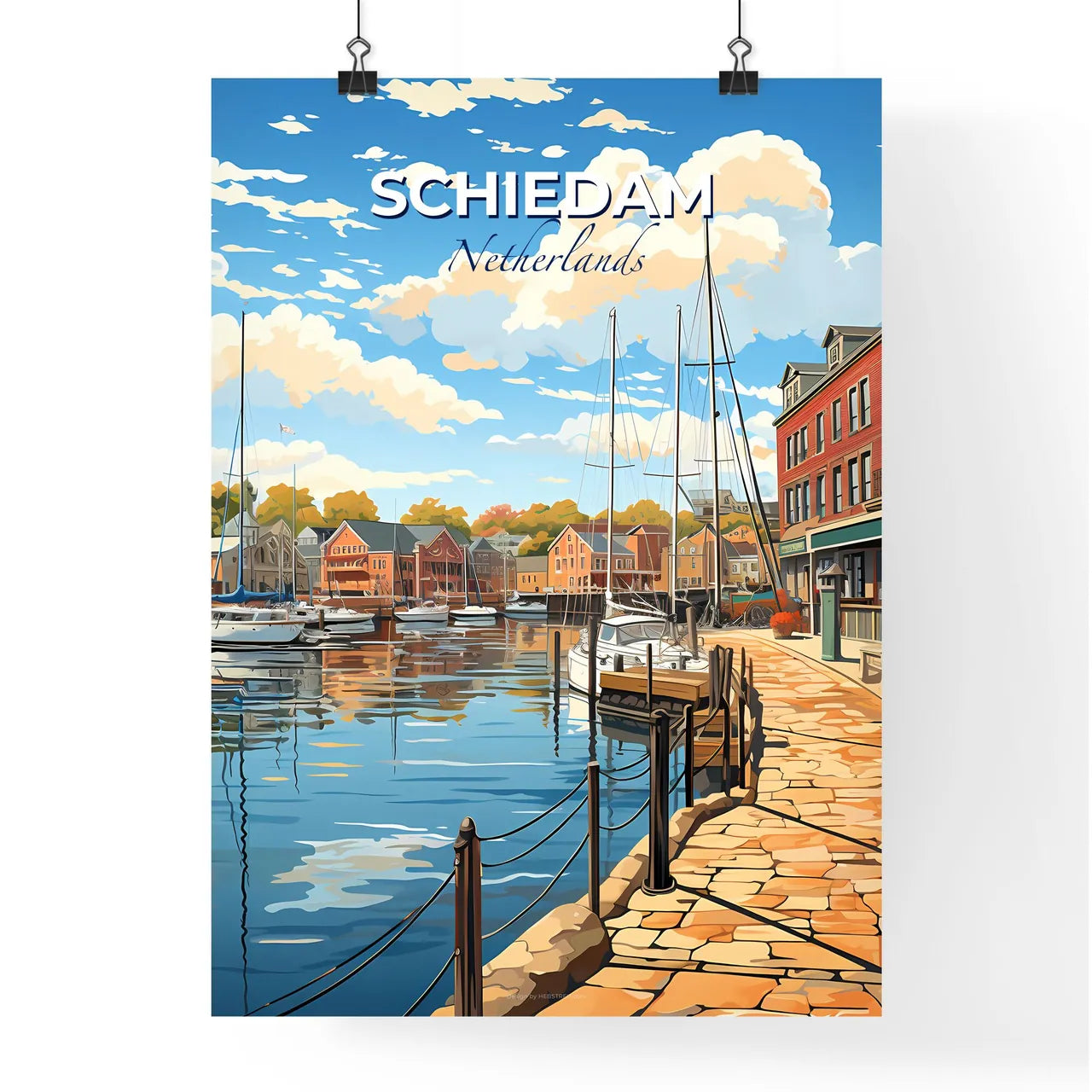 Schiedam, Netherlands, A Poster of a water way with boats on it Default Title