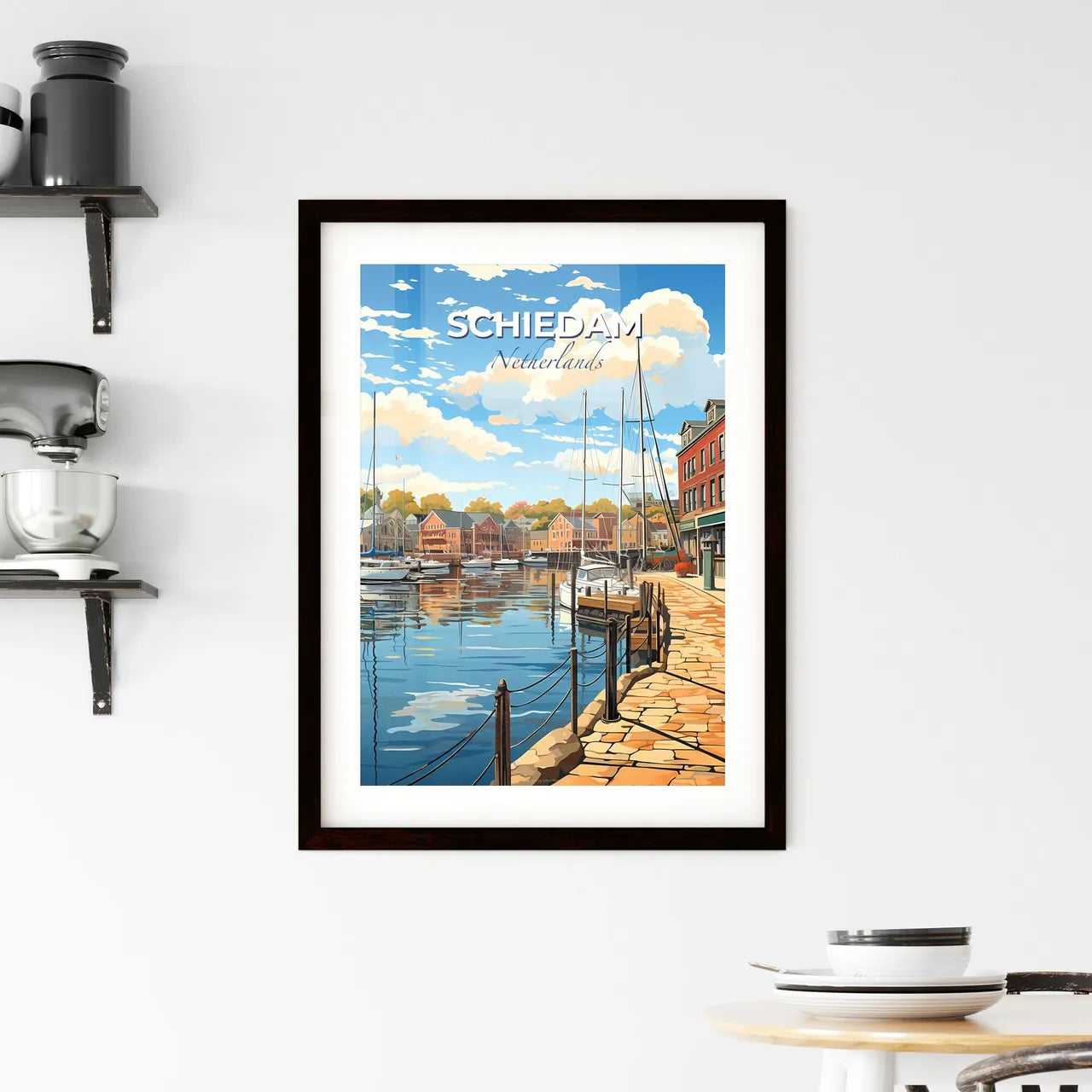 Schiedam, Netherlands, A Poster of a water way with boats on it Default Title