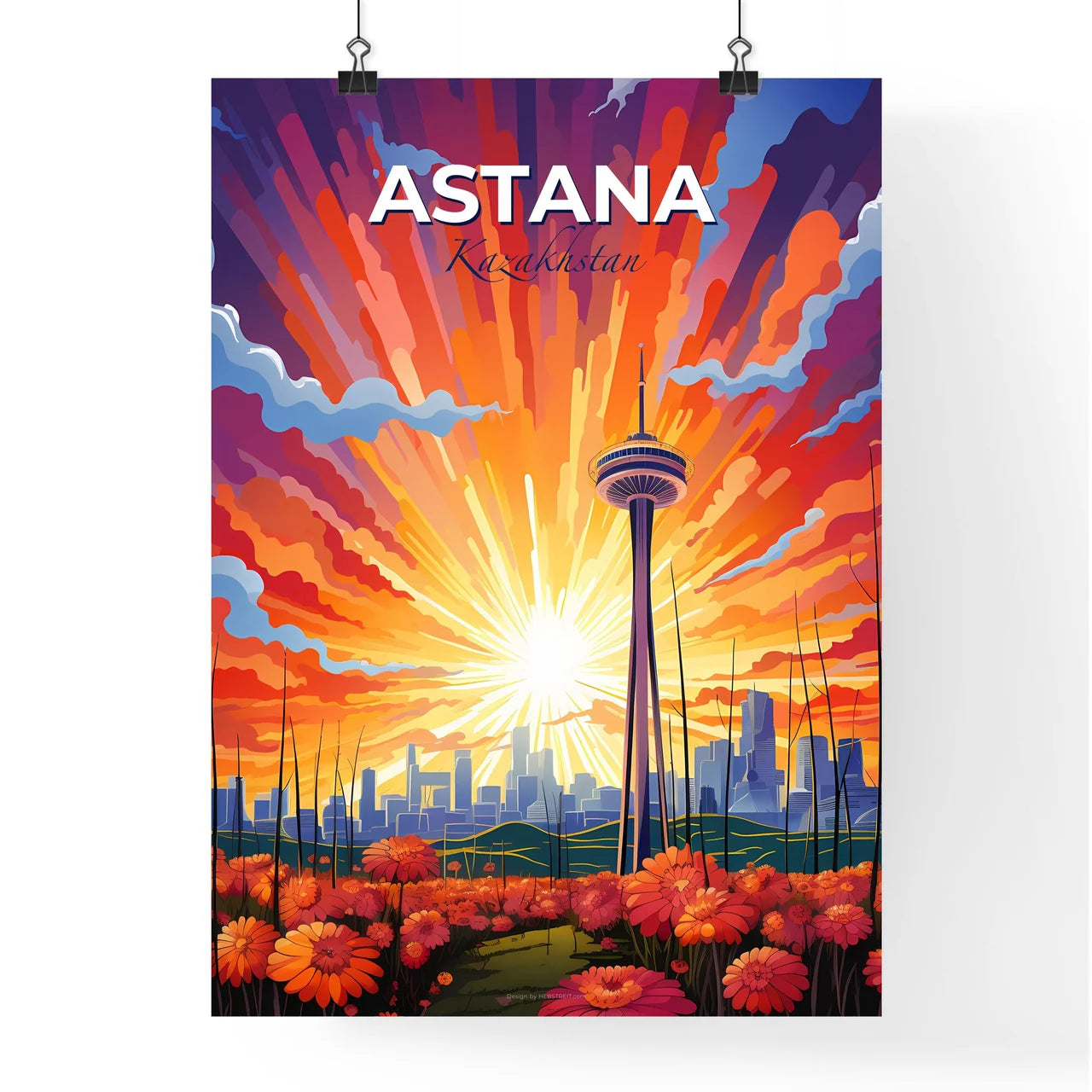 Astana, Kazakhstan, A Poster of a colorful sunset over a city Default Title