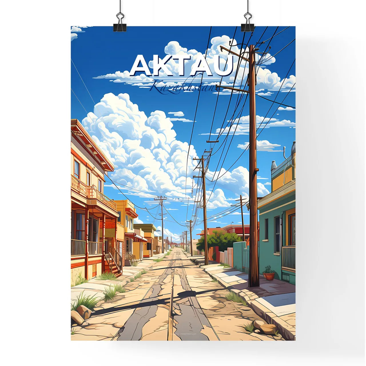 Aktau, Kazakhstan, A Poster of a street with buildings and power lines Default Title
