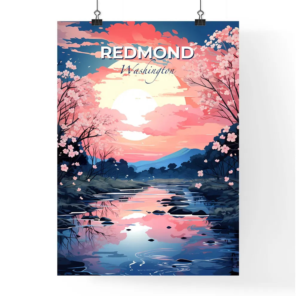 Redmond, Washington, A Poster of a river with pink flowers and trees Default Title
