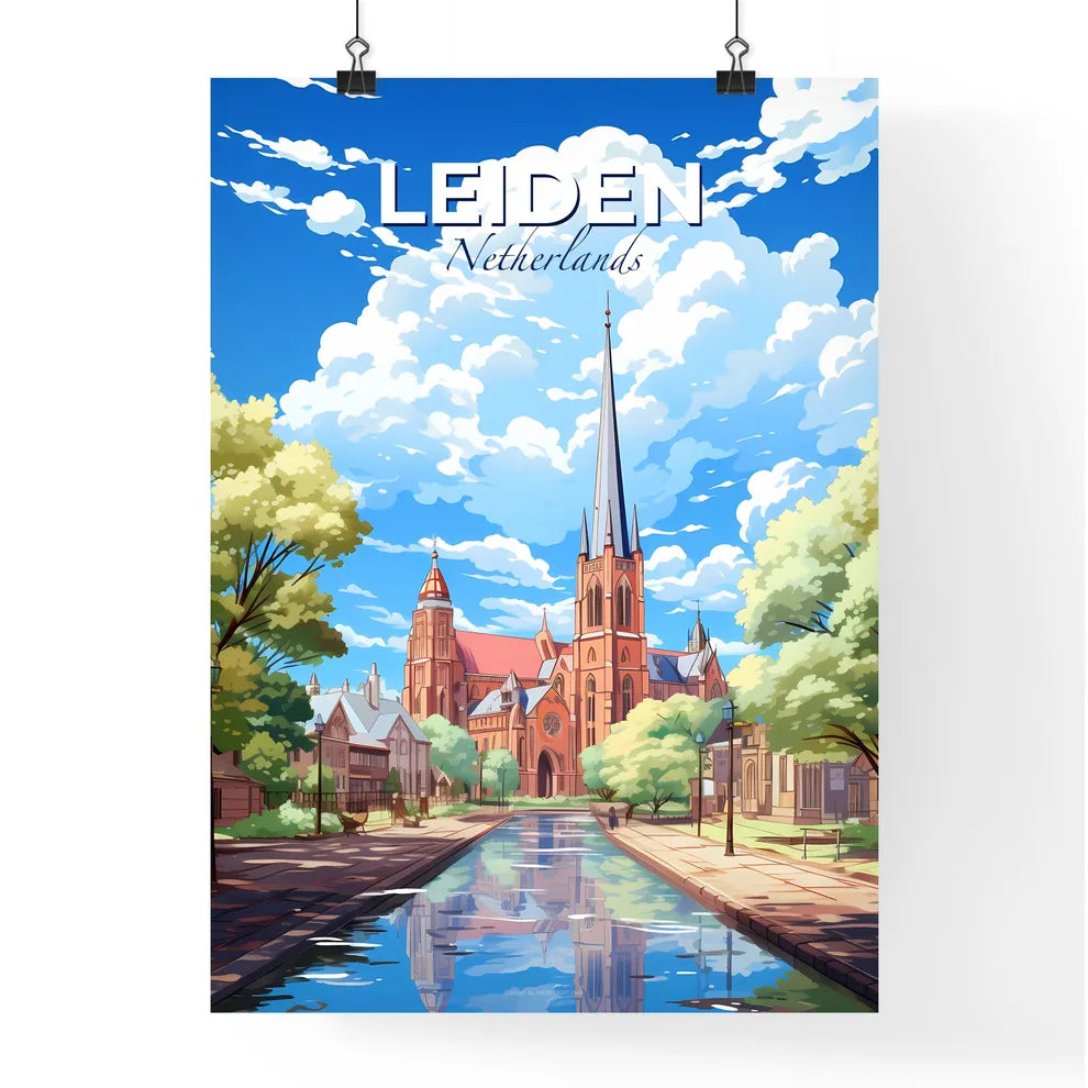 Leiden, Netherlands, A Poster of a water way with a church and trees Default Title