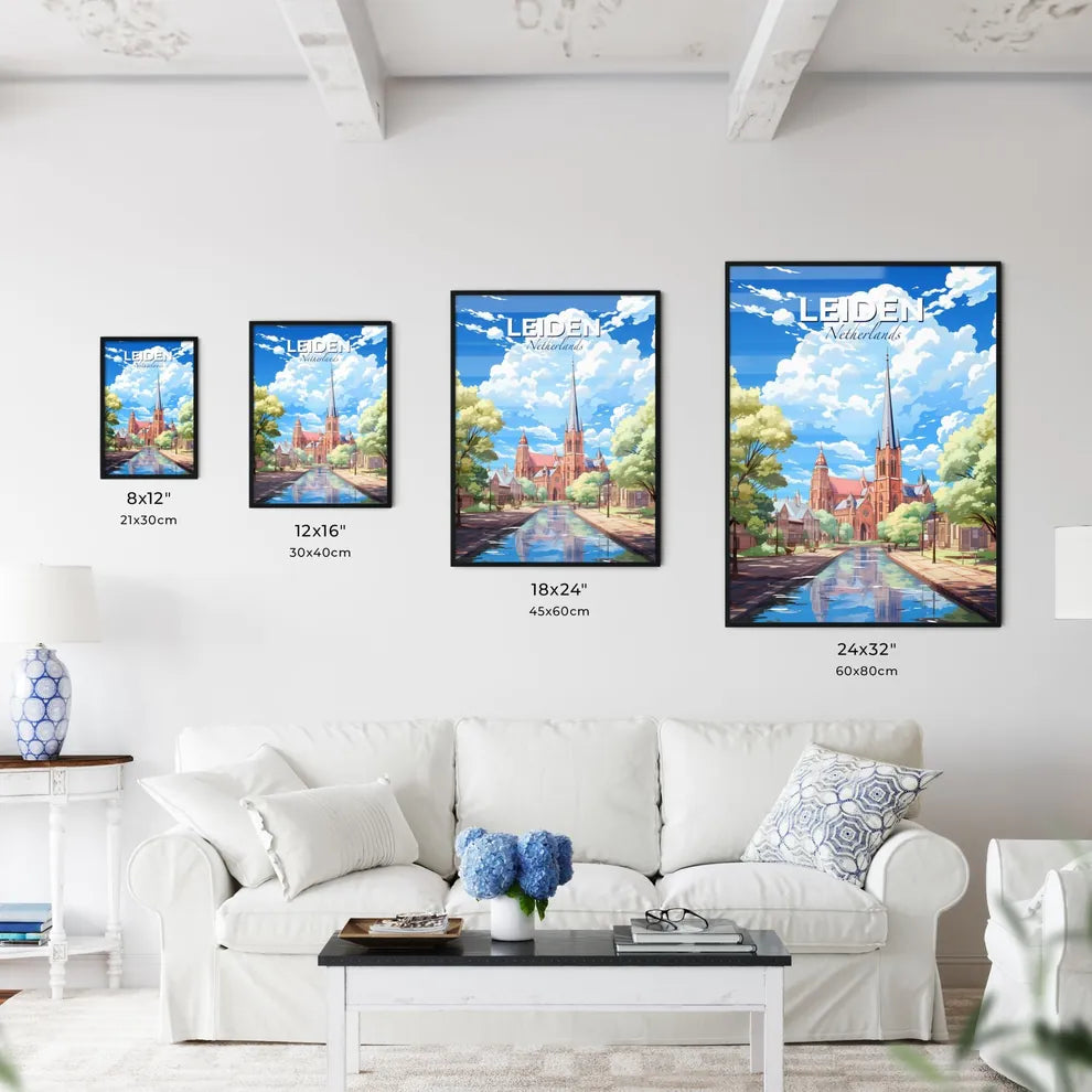 Leiden, Netherlands, A Poster of a water way with a church and trees Default Title