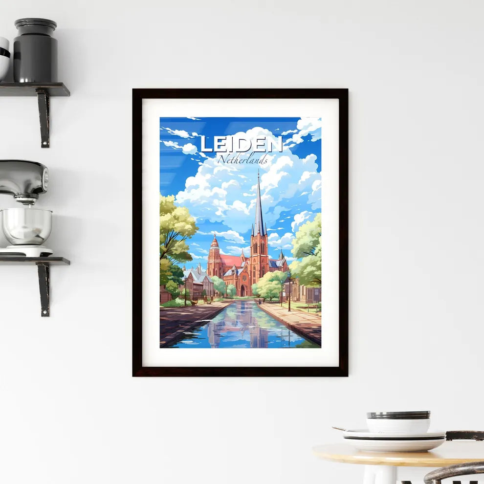Leiden, Netherlands, A Poster of a water way with a church and trees Default Title