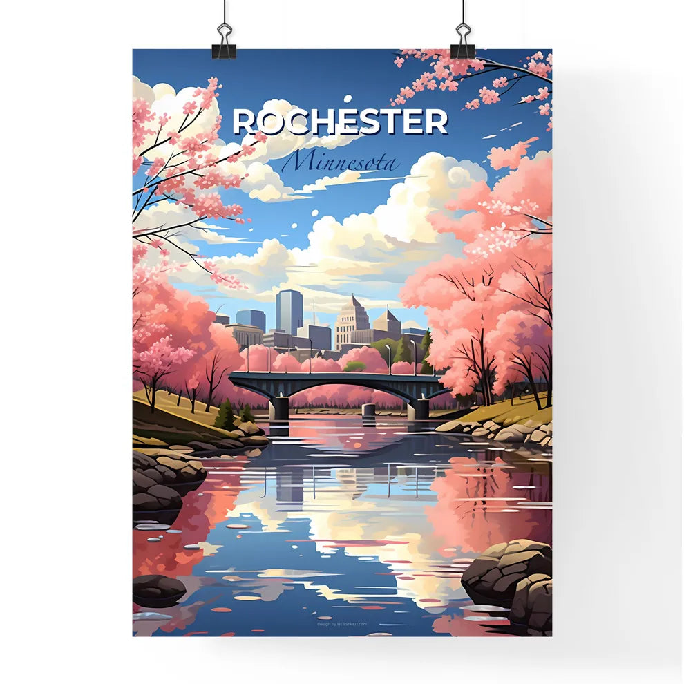 Rochester, Minnesota, A Poster of a river with a bridge and pink trees Default Title