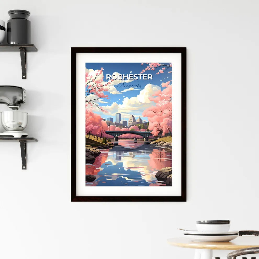 Rochester, Minnesota, A Poster of a river with a bridge and pink trees Default Title