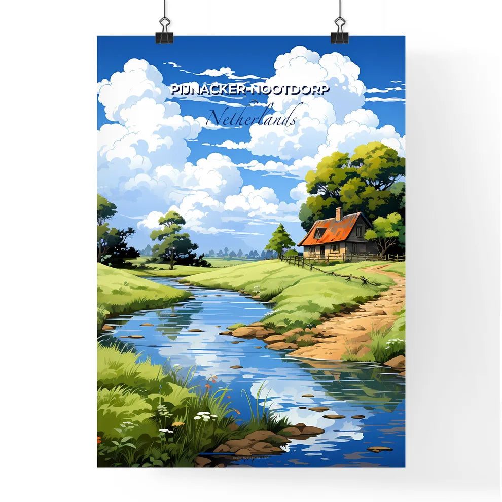 Pijnacker-Nootdorp, Netherlands, A Poster of a river running through a grassy field with a house and trees Default Title