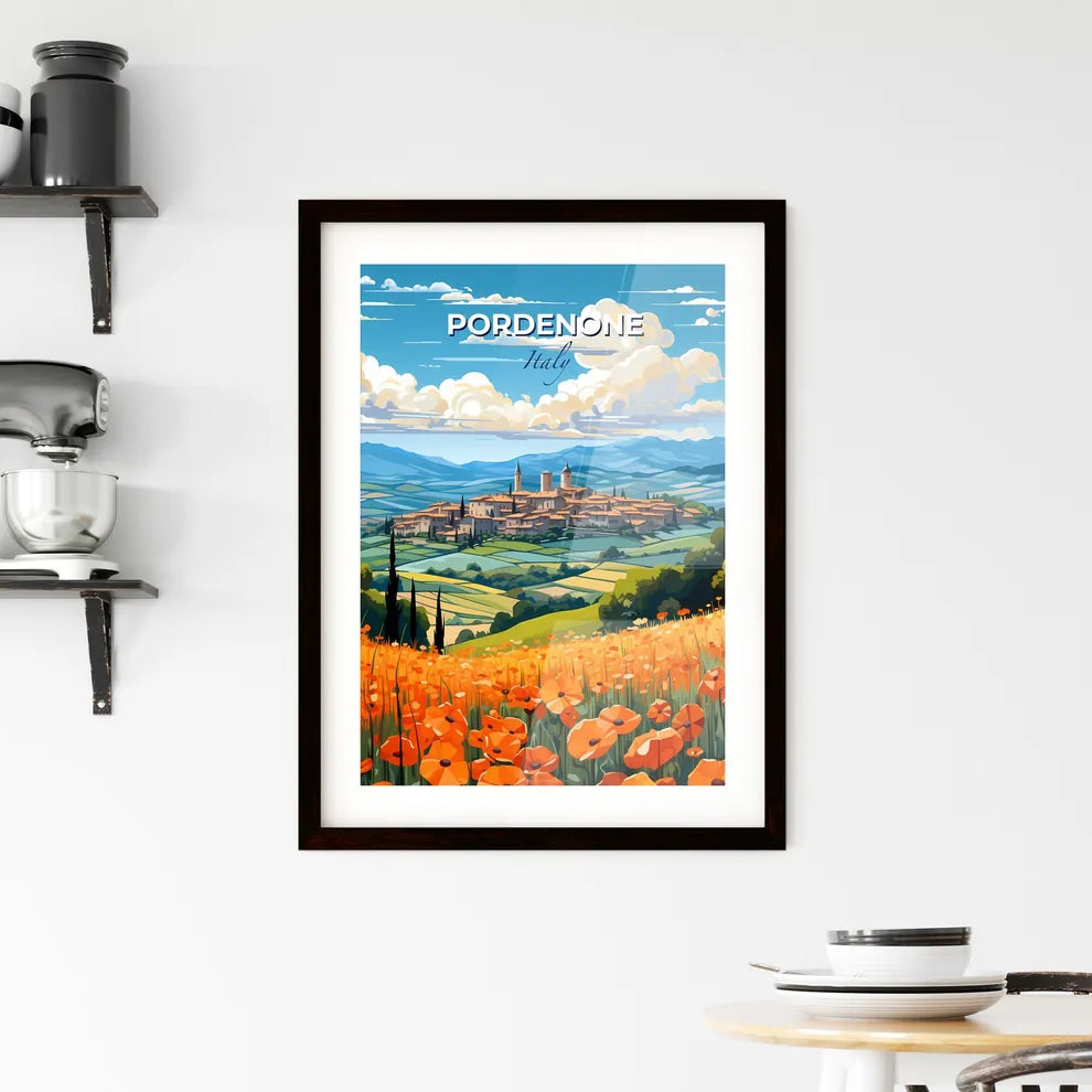 Pordenone, Italy, A Poster of a landscape with a town and orange flowers Default Title