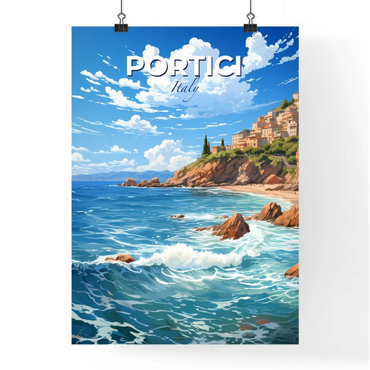 Portici, Italy, A Poster of a beach with a town on the hill Default Title