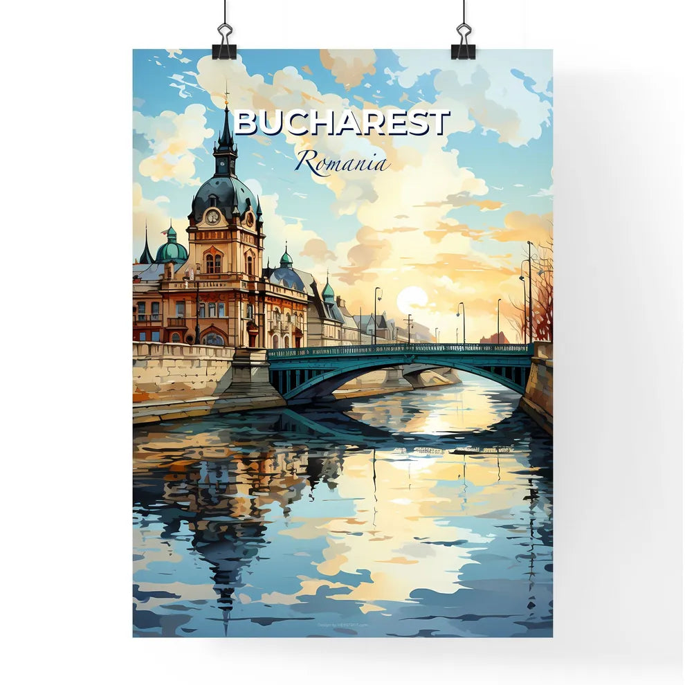 Bucharest, Romania, A Poster of a bridge over a river with a building and a bridge Default Title
