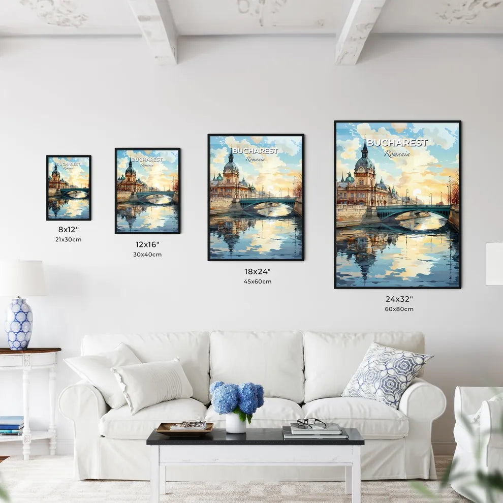 Bucharest, Romania, A Poster of a bridge over a river with a building and a bridge Default Title