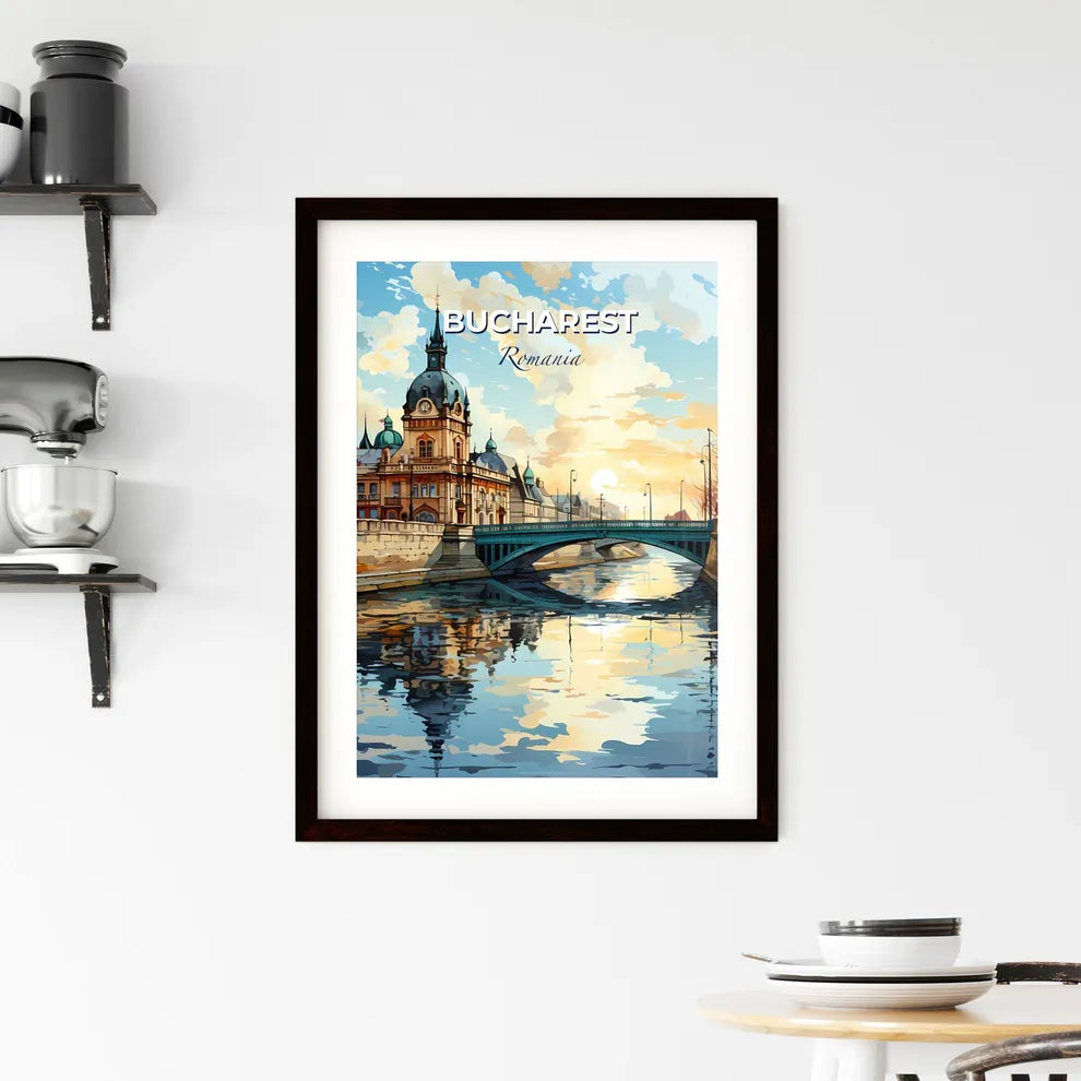 Bucharest, Romania, A Poster of a bridge over a river with a building and a bridge Default Title