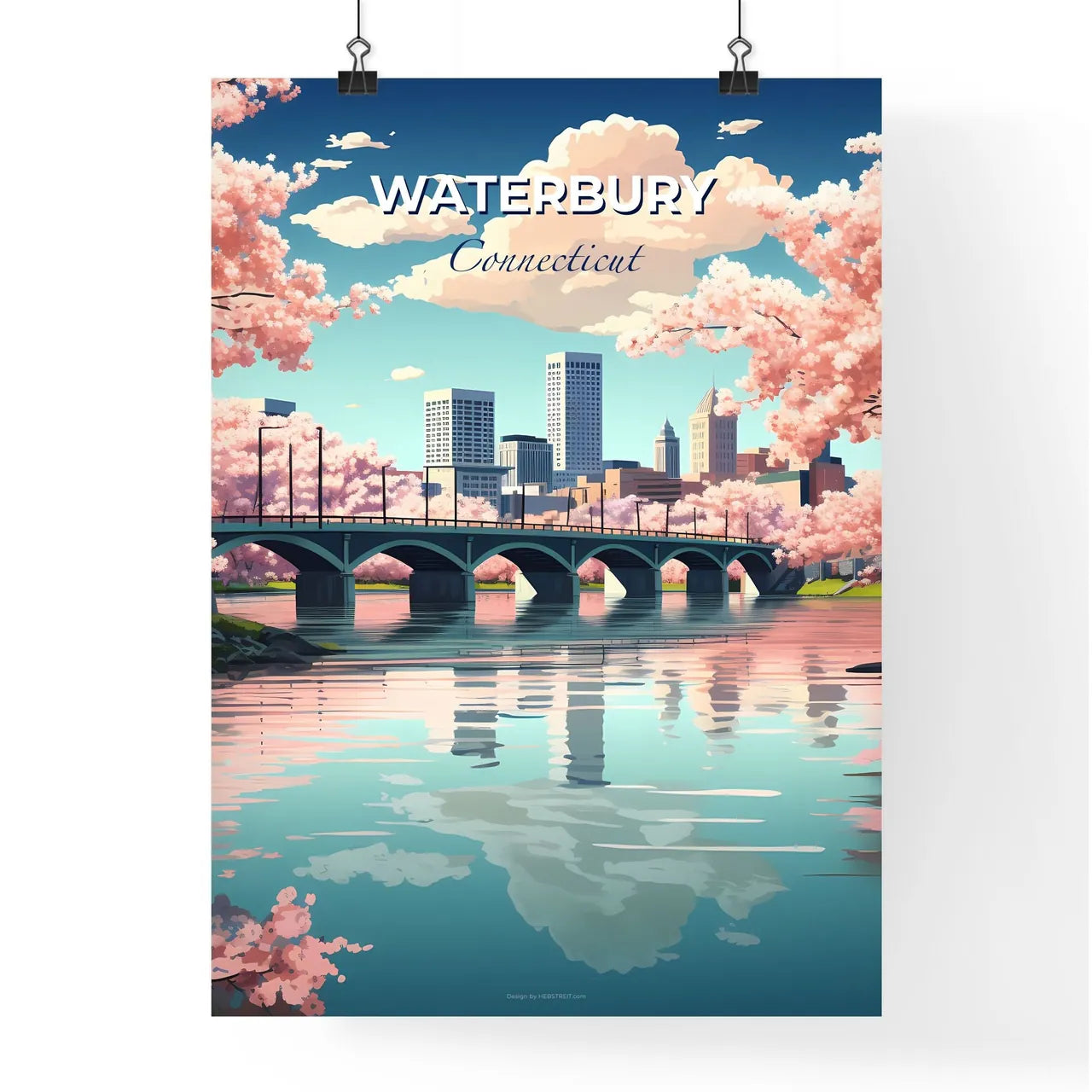 Waterbury, Connecticut, A Poster of a bridge over a river with pink flowers Default Title