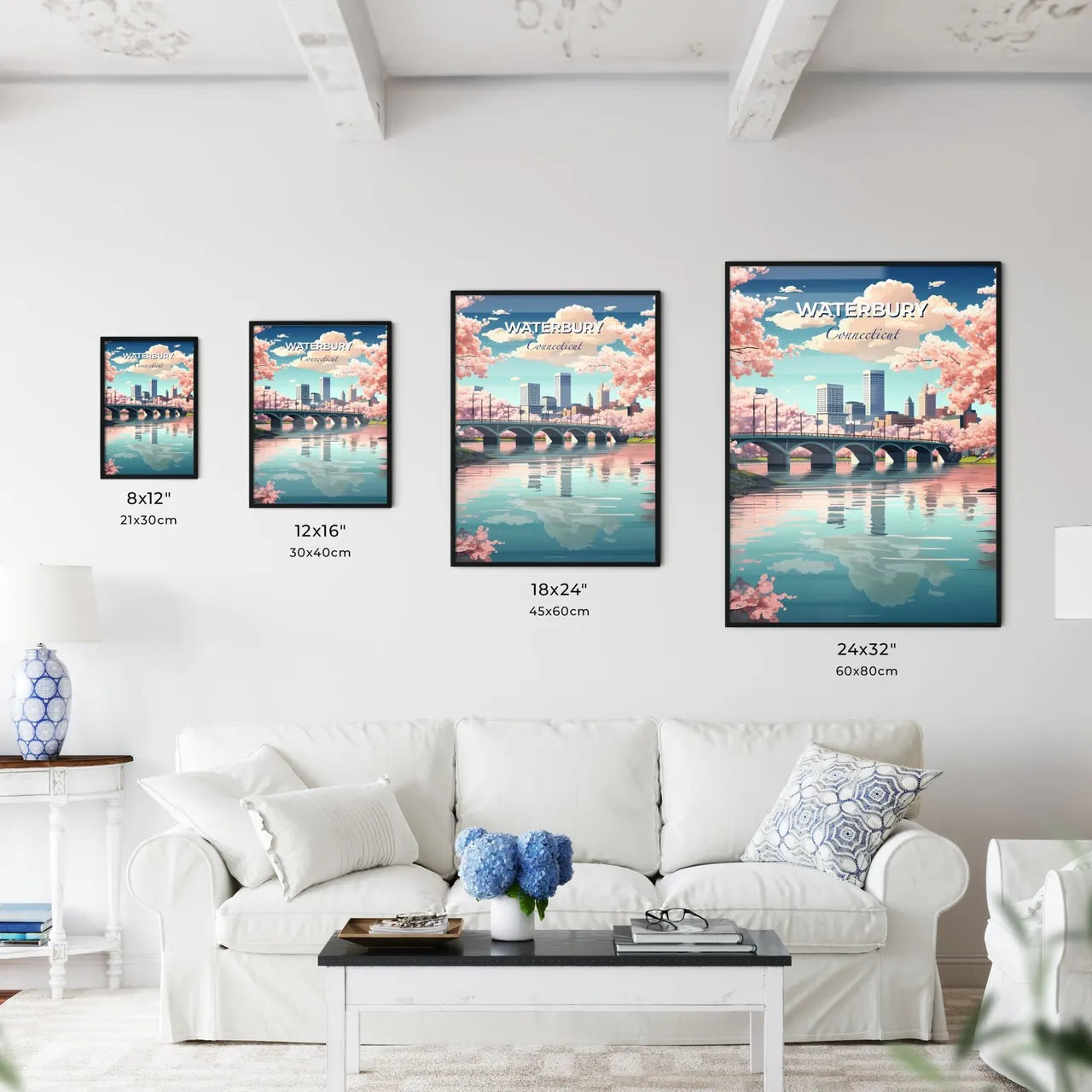 Waterbury, Connecticut, A Poster of a bridge over a river with pink flowers Default Title