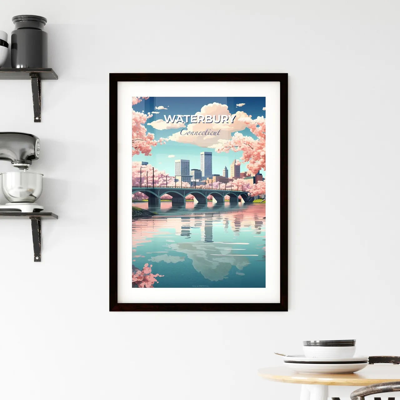 Waterbury, Connecticut, A Poster of a bridge over a river with pink flowers Default Title