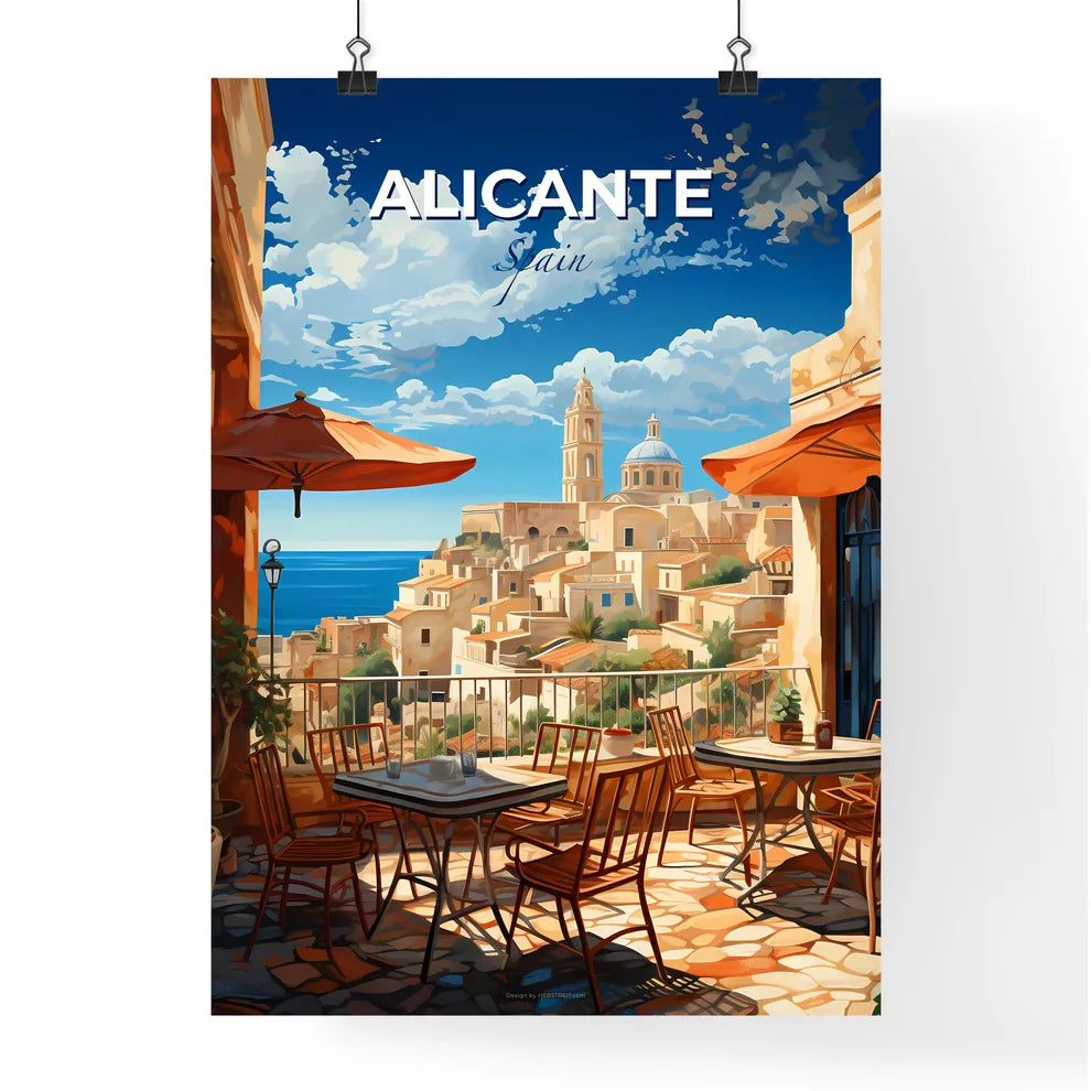 Alicante, Spain, A Poster of a table and chairs on a balcony overlooking a city Default Title