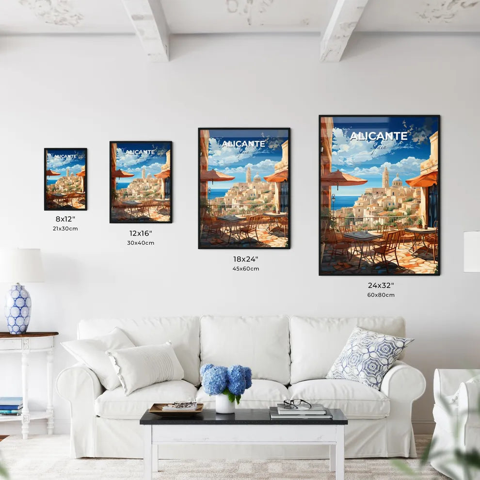 Alicante, Spain, A Poster of a table and chairs on a balcony overlooking a city Default Title