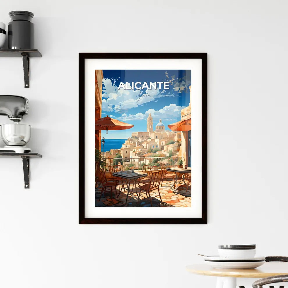 Alicante, Spain, A Poster of a table and chairs on a balcony overlooking a city Default Title