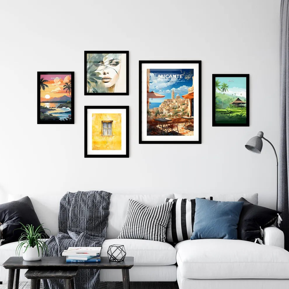 Alicante, Spain, A Poster of a table and chairs on a balcony overlooking a city Default Title