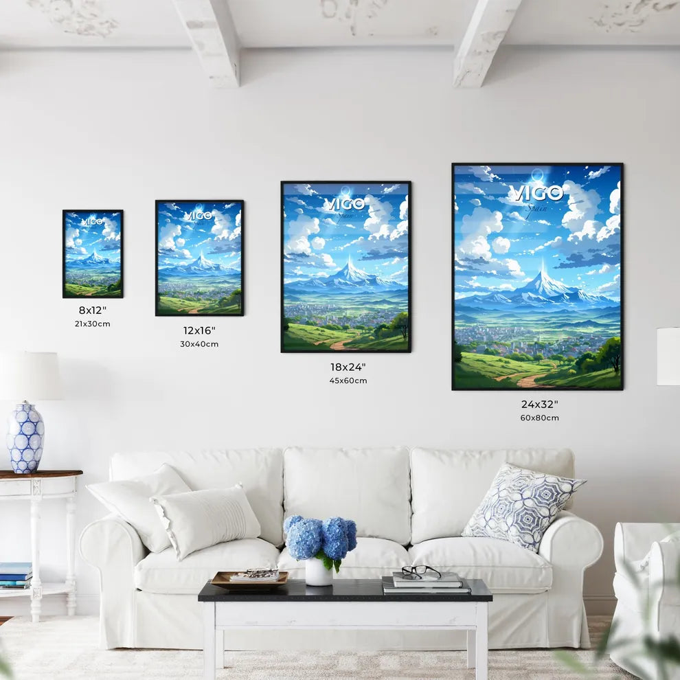 Vigo, Spain, A Poster of a landscape of a city with a mountain in the background Default Title