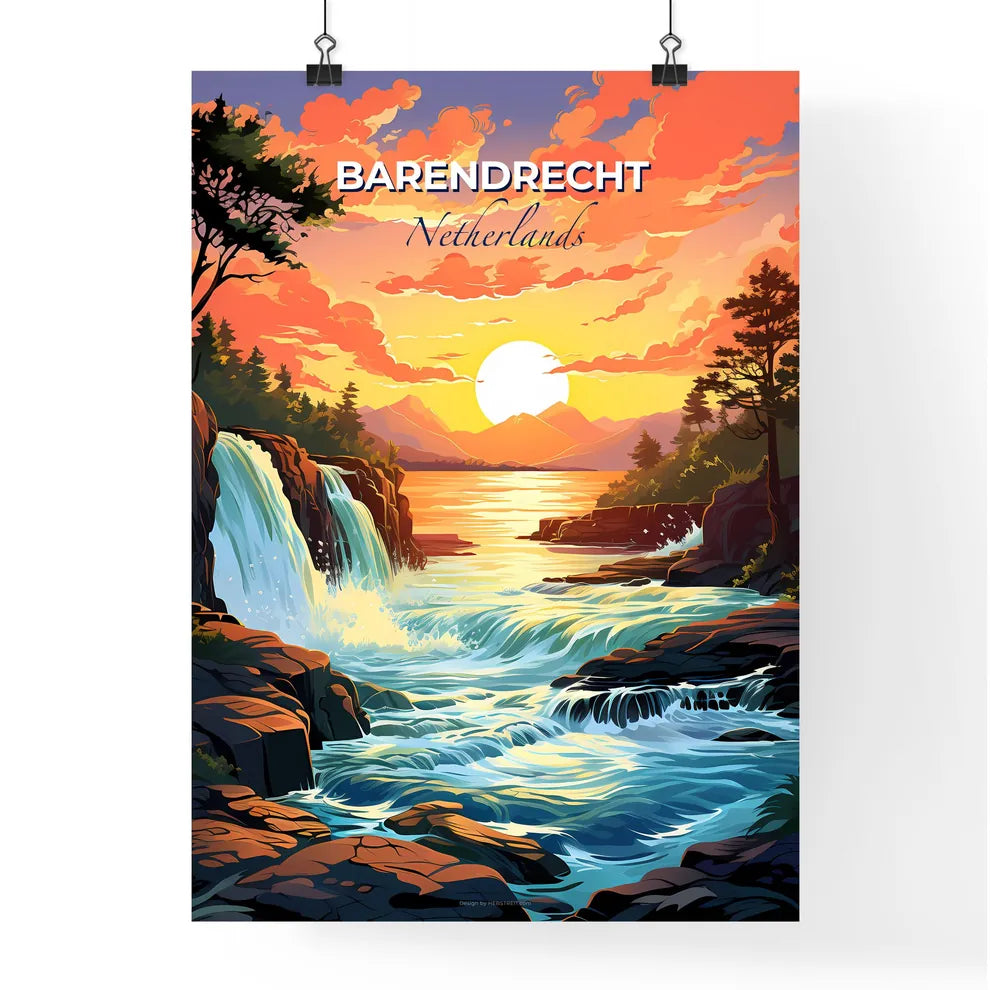 Barendrecht, Netherlands, A Poster of a waterfall in a river with trees and mountains in the background Default Title