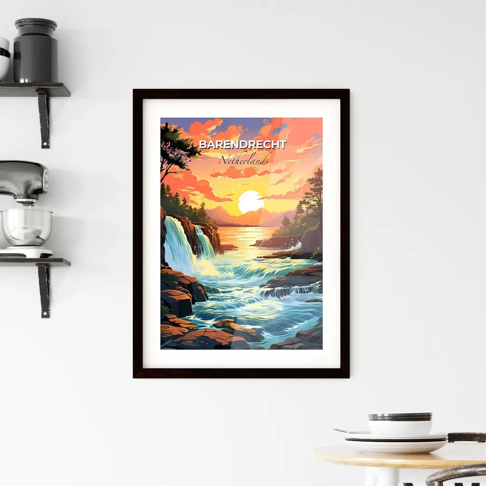 Barendrecht, Netherlands, A Poster of a waterfall in a river with trees and mountains in the background Default Title