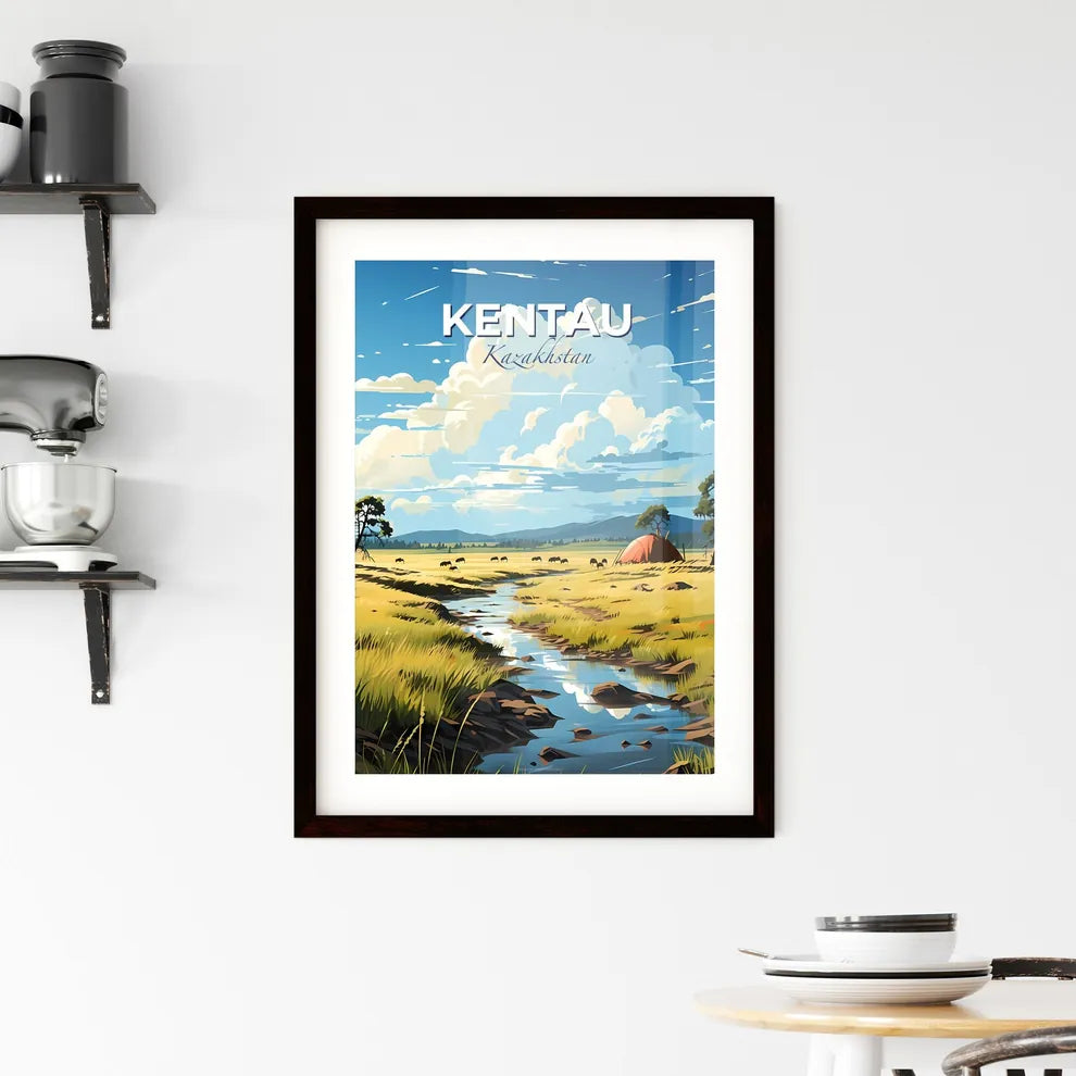 Kentau, Kazakhstan, A Poster of a stream running through a grassy field with a tent and trees Default Title